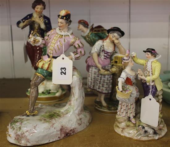 Pair of Contintental porcelain figures of duellists, another of a flute player with sheep & 2 other figures (faults)